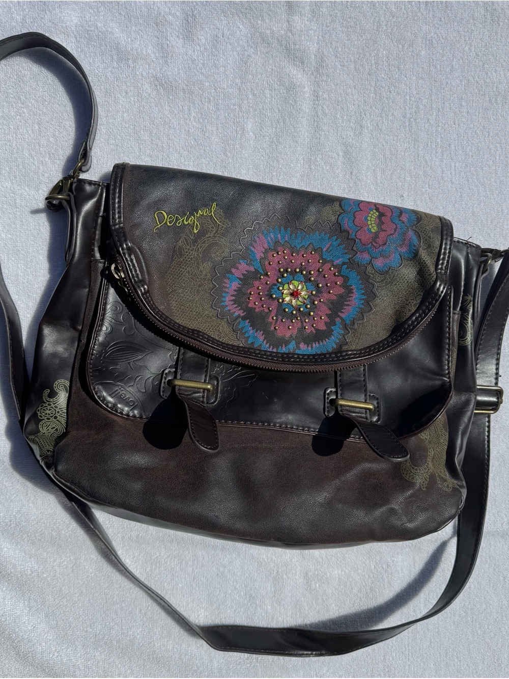Desigual Brown Floral-Embroidered Crossbody Bag with Multicolor Accents